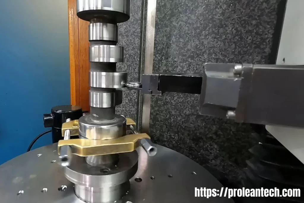 High-precision camshaft inspection using advanced equipment.