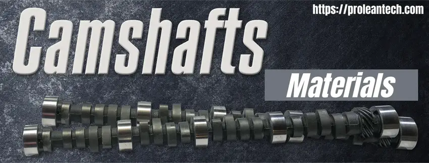 Different camshaft materials displayed with bold typography.