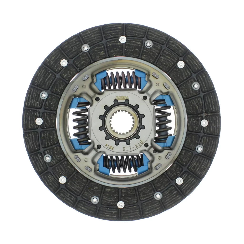 Close-up view of a clutch disc with springs and friction material. 