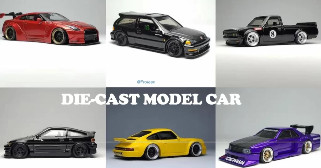 Six model cars of different colors with text