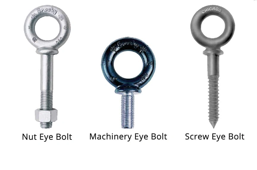 Three types of eye bolts with marking on the ring