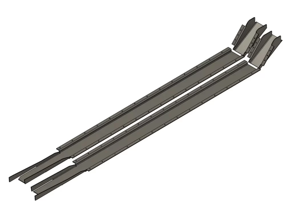 A pair of metal frame rails designed for automotive structural support. 