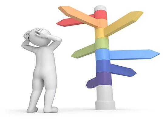 3D figure standing confused in front of a colorful signpost with multiple directions.