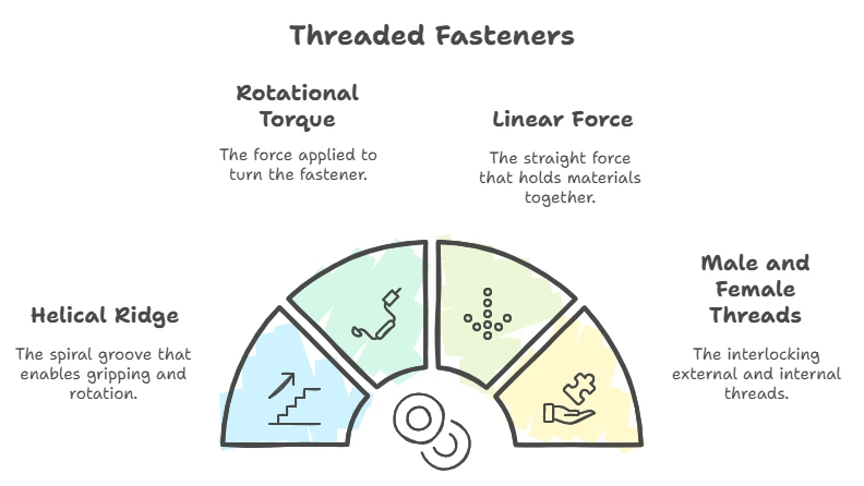 An illustration showing the mechanism of threaded fasteners, highlighting how the threads interlock to securely join components and provide adjustable connections.