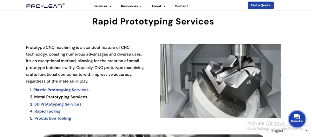 A capture of rapid prototyping service page from website; showing service information in bullet point