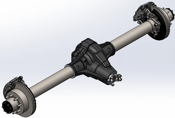 Complete rear axle assembly with differential and drum brakes.