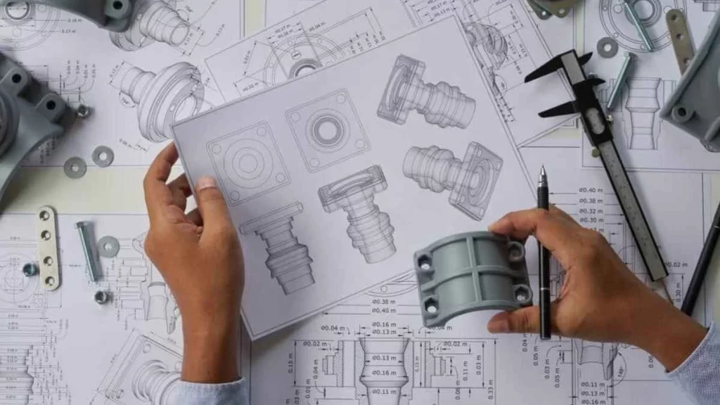 An image depicting an engineering design part, with detailed drawings and annotations for analyzing material selection.