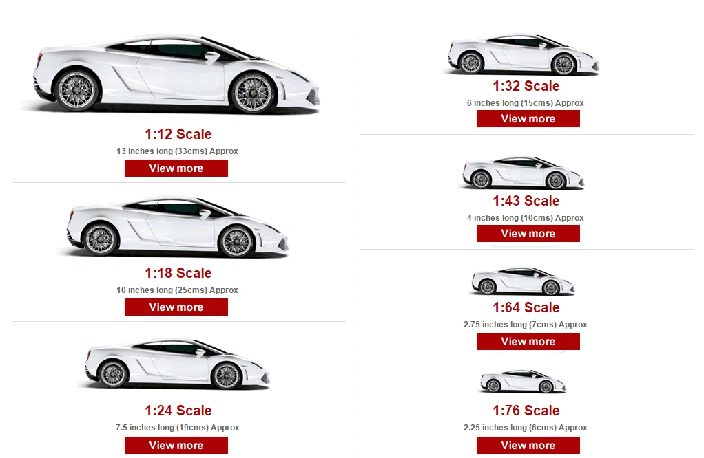 An image showing die-cast model cars with various scales, from 1:12 to 1:76