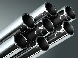 A close up view of hollows stainless steel tubes with silver-glossy finish 