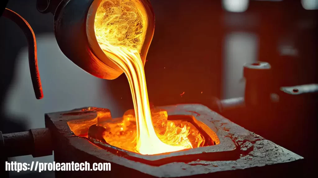 Molten metal pouring into a casting mold.