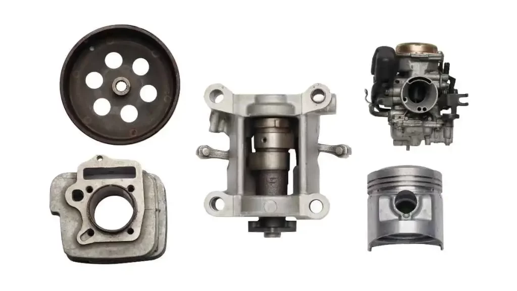 A variety of automotive components made from aluminum, showcasing lightweight and durable parts.