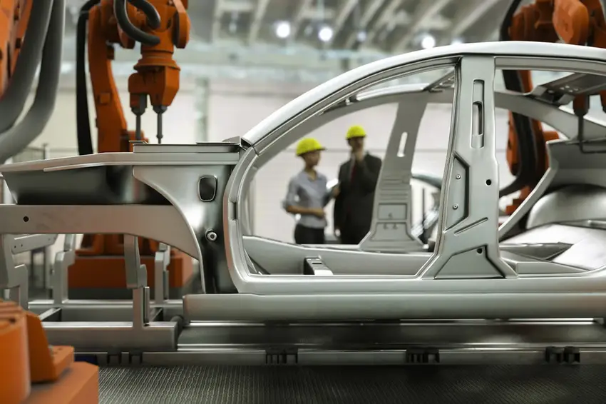 Automotive sector assembly line showcasing the role of annealing in enhancing car body manufacturing precision and durability.