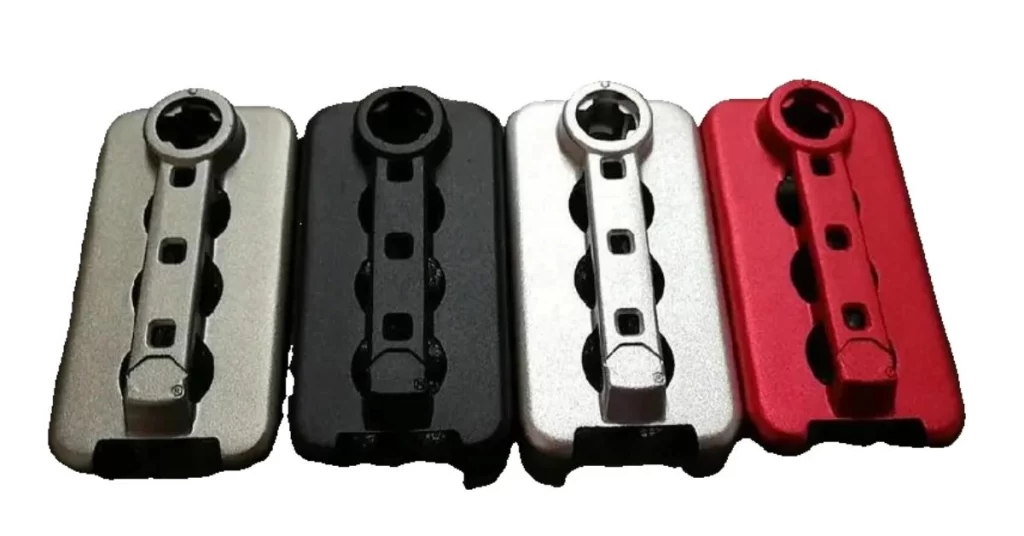 Four steel parts with anodizing finish; Gray, Black, White, and Red color aesthetics