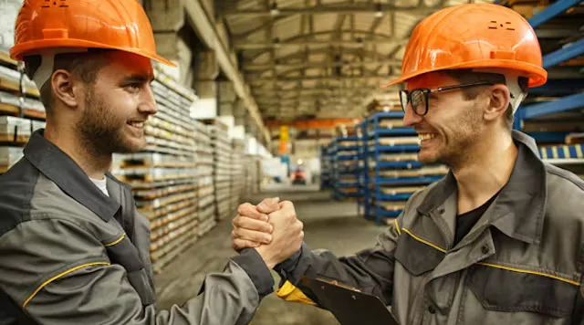 Two factory workers celebrating teamwork and collaboration in a cutting-edge manufacturing environment.