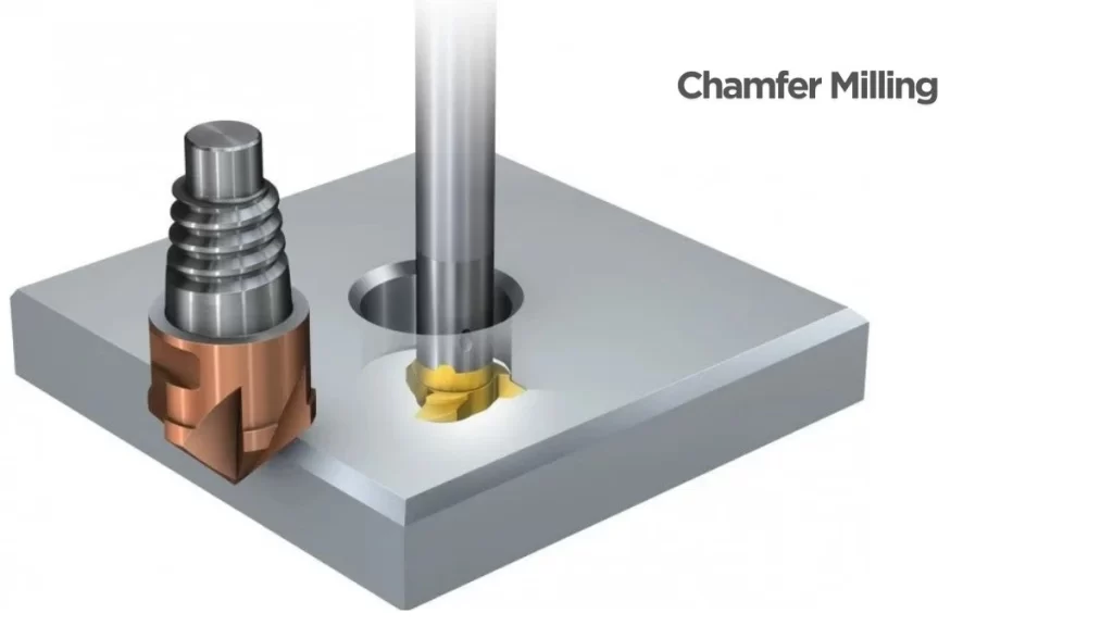 An image of chamfer milling, showcasing a cutting tool smoothly trimming the edges of a metal piece to create a beveled edge.