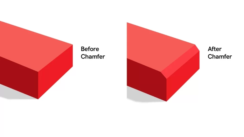 An image showing a comparison between a chamfered and a non-chamfered edge on a metal part. It shows a smooth, angled finish of the chamfered edge.