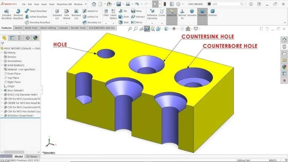 An image of counterbore holes, where the hole has a wider diameter at the surface and a flat bottom, designed to fit bolts.