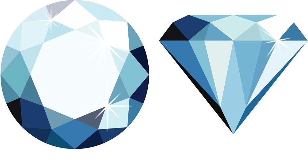 Top and side view of a decorative blue diamond with a white background