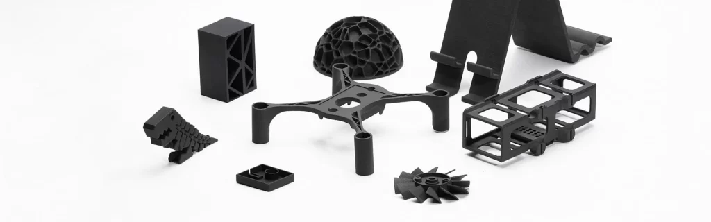 Black-colored drone parts from SLS, frame, arm, structural elements, etc. 