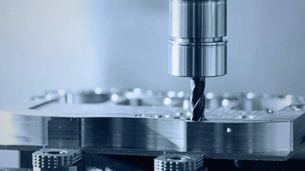 A CNC milling machine precisely shapes an electronic component. It highlights the fine details and dimensional accuracy required for high-quality components.