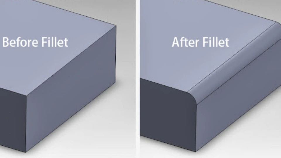 The image shows a part before and after fillet machining. On the left, the part has sharp edges, and on the right, the edges are smooth and rounded after the fillet process.