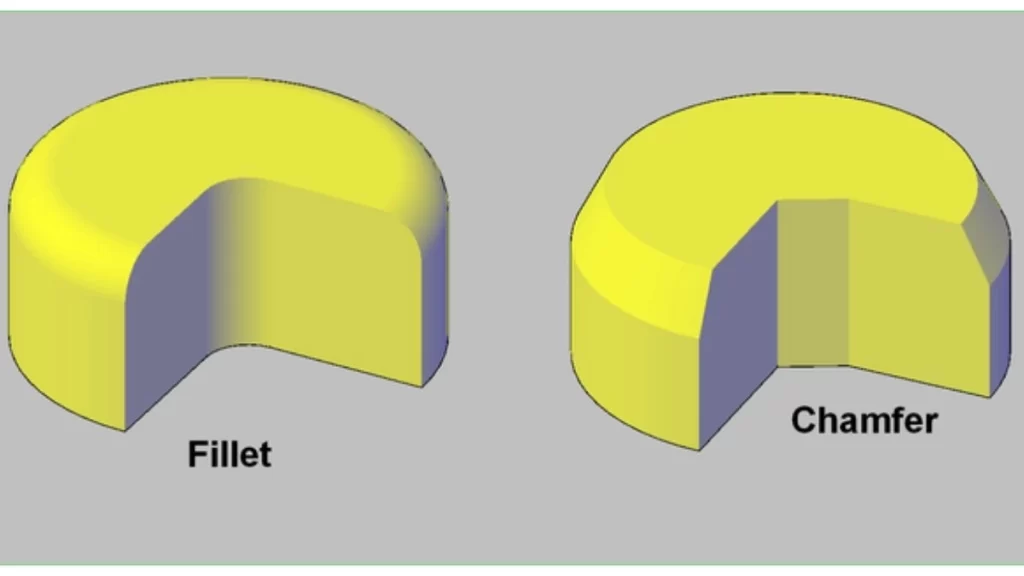 An image showing a geometrical demonstration of fillet and chamfer. It simply highlights the differences in edge treatments.