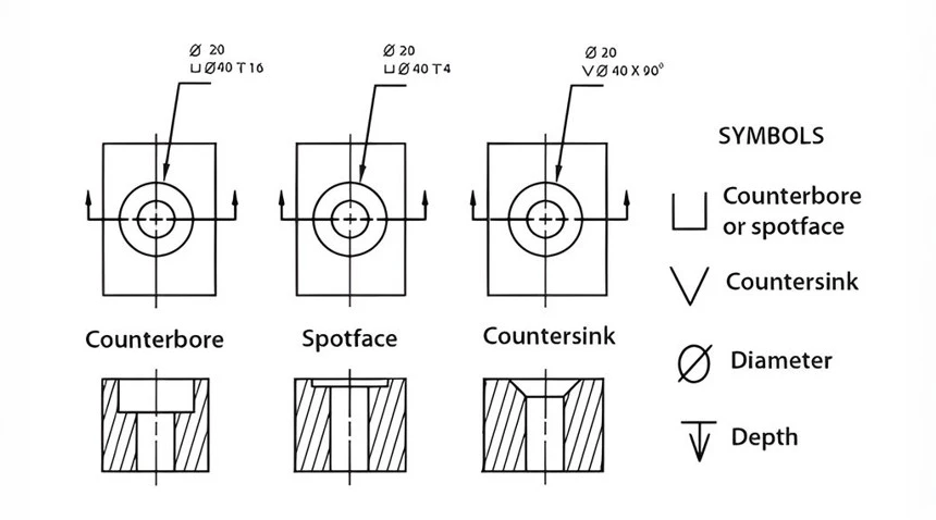 The image showcases some of the commonest types of holes with respect to their angles alongside their callout symbols.