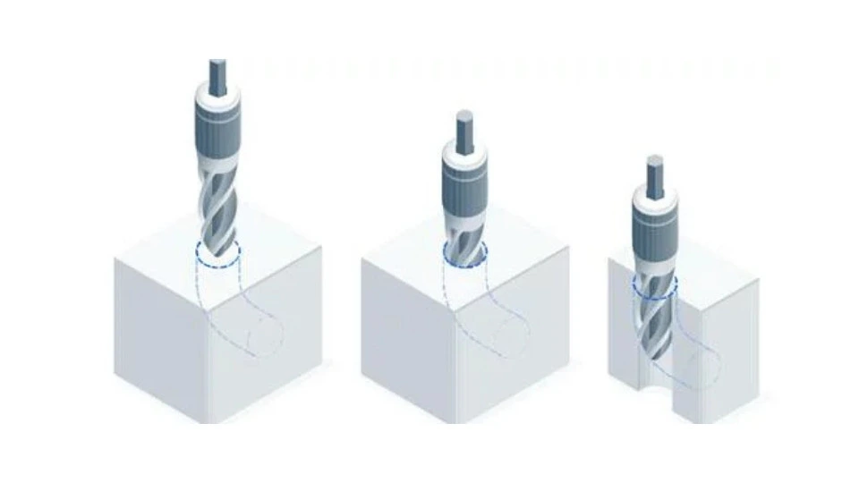 The image shows different hole features in machining, including drilled, tapped, countersunk, counterbored, and threaded holes.