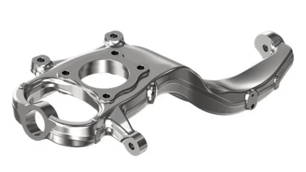 An image of a knuckle arm, displaying its metal structure used to connect the suspension to the wheel hub.