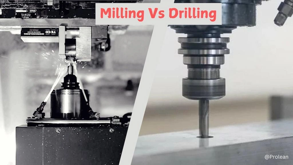 Milling and drilling process side by side, text 