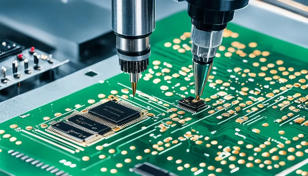 CNC Machine Meticulously shapes intricate pathways of an Electronic Printed Circuit Board (PCB).