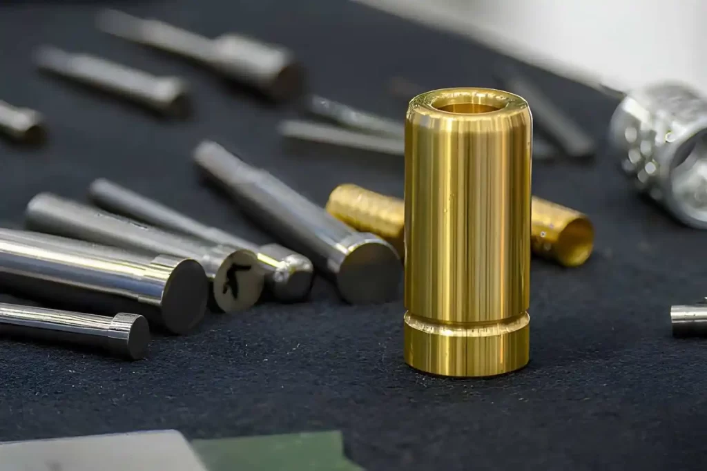 The image shows a PVD coated guide bush with a shiny surface alongside uncoated parts.