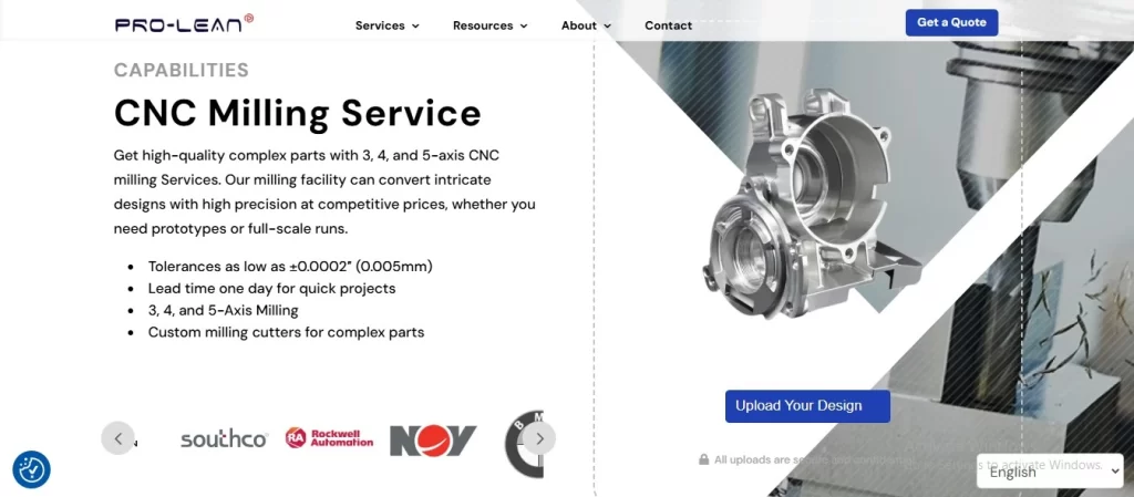 Image showcasing Prolean Tech's CNC milling capabilities. It highlights 3, 4, and 5-axis milling for high-precision, complex parts with tolerances as low as ±0.0002.