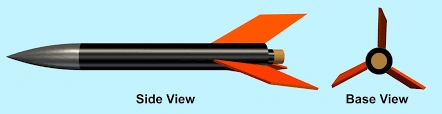 A close side and base view of rocket body with pointy nose cone and fins in red color.