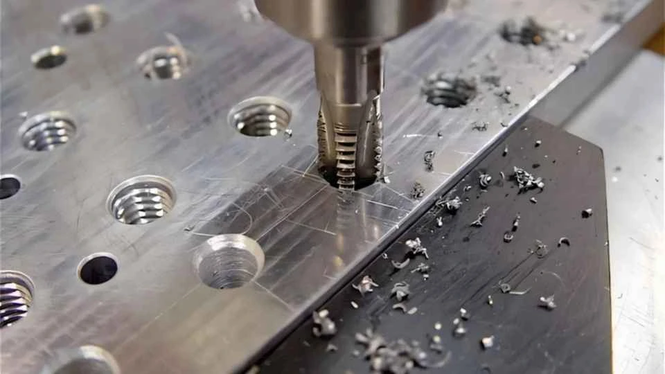 A CNC machine performing thread hole machining on a metal workpiece, creating detailed and accurate internal threading.