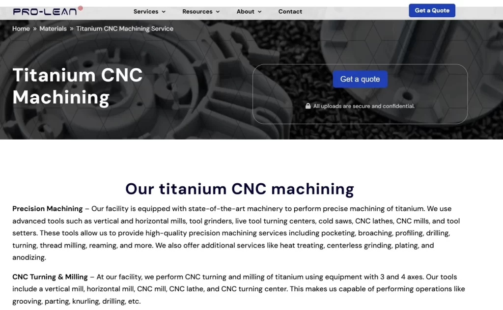 A screenshot  of Prolean's Titanium machining service page.  Text 