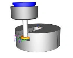 A narrow cylindrical workpiece being undercut by a yellow undercutting tool 