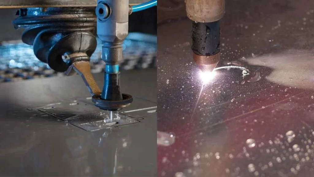 The image compares waterjet cutting and plasma cutting processes. On one side, a waterjet cutting machine uses a high-pressure stream of water to cut through a material with precision, while on the other side, a plasma cutting machine uses a plasma arc to cut through metal.