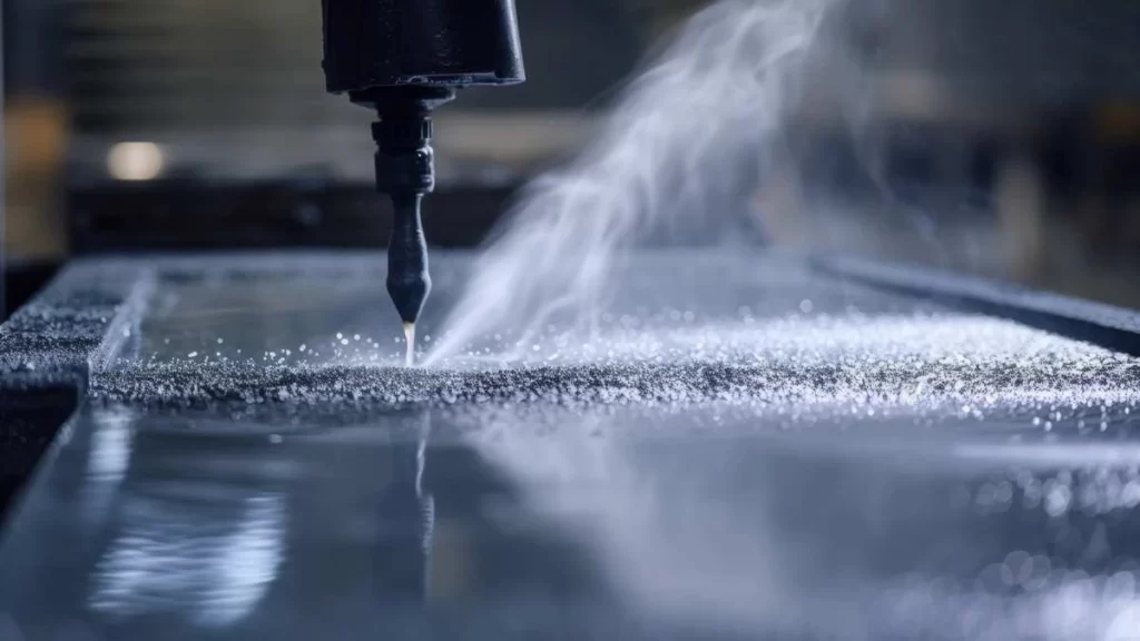 he image shows a waterjet cutting machine in action, with a high-pressure jet of water cutting through a metal or stone material. The water stream is focused and precise, showcasing the process of using water to shape and cut materials.