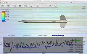 A close  view of computer screen, showing simulation of rocket motion and trajectory with elliptical fins