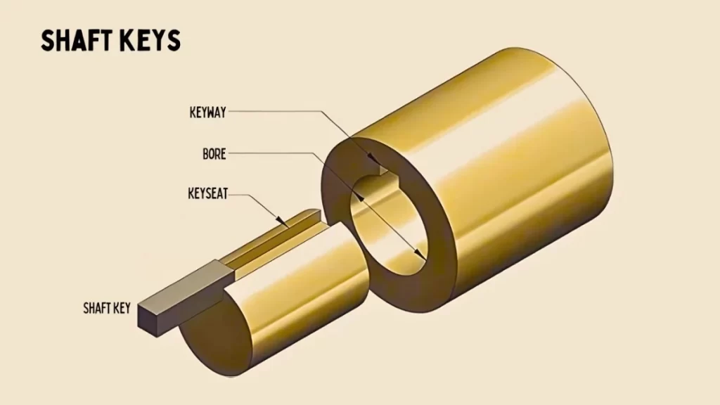 A short hollow shaft with a keyway and a smaller solid shaft with a keyseat and shaft key ready to engage