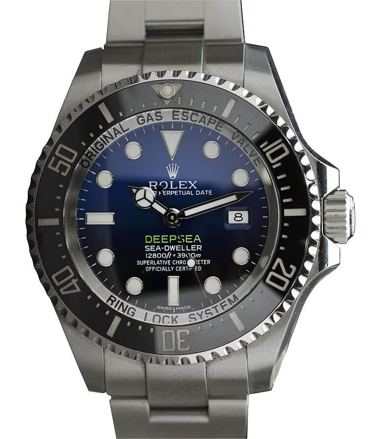 A Rolex Deepsea Sea-Dweller 116660 Blue Dial showing different features including a platinum-PVD-coated bezel