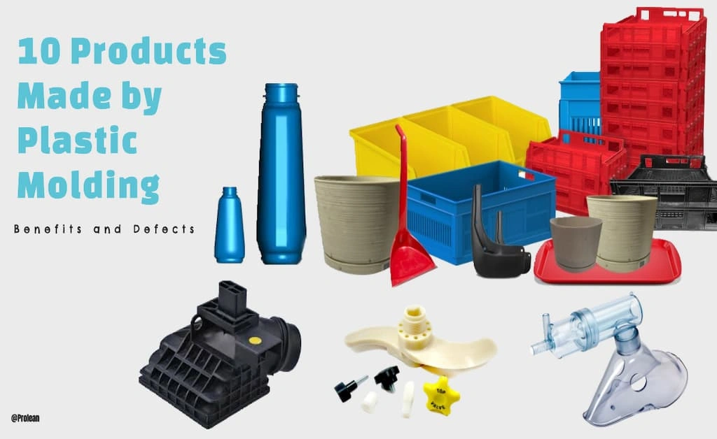 Different injection molded plastic products with text on the left side 