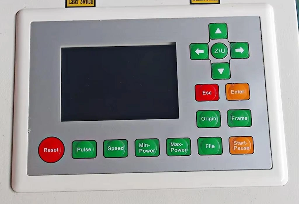 A close-up view of the CO2 laser control panel, where the operator can set different parameters, from beam orientation to speed and power