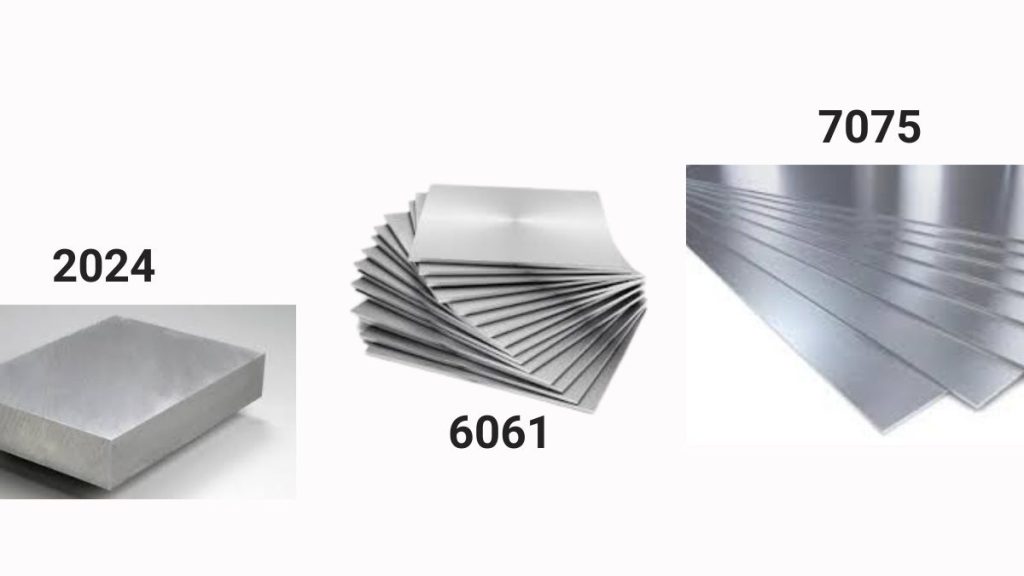 An image comparing aluminum alloys 2024, 6061, and 7075 sheets used in shaping custom extruded profiles