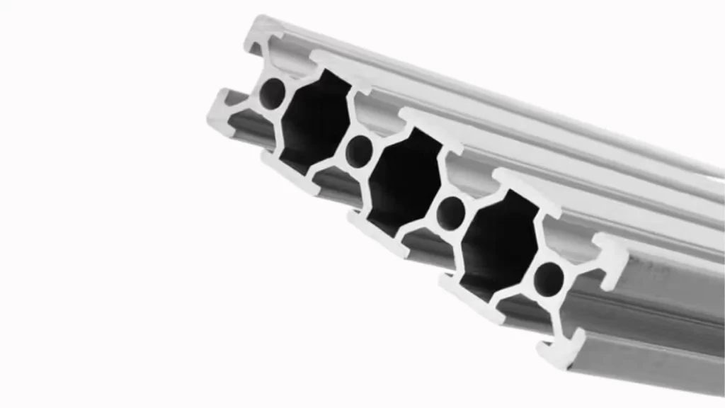 An image of a simple aluminum extruded bar. The bar is made from alloyed aluminum and designed for easy mounting use cases.