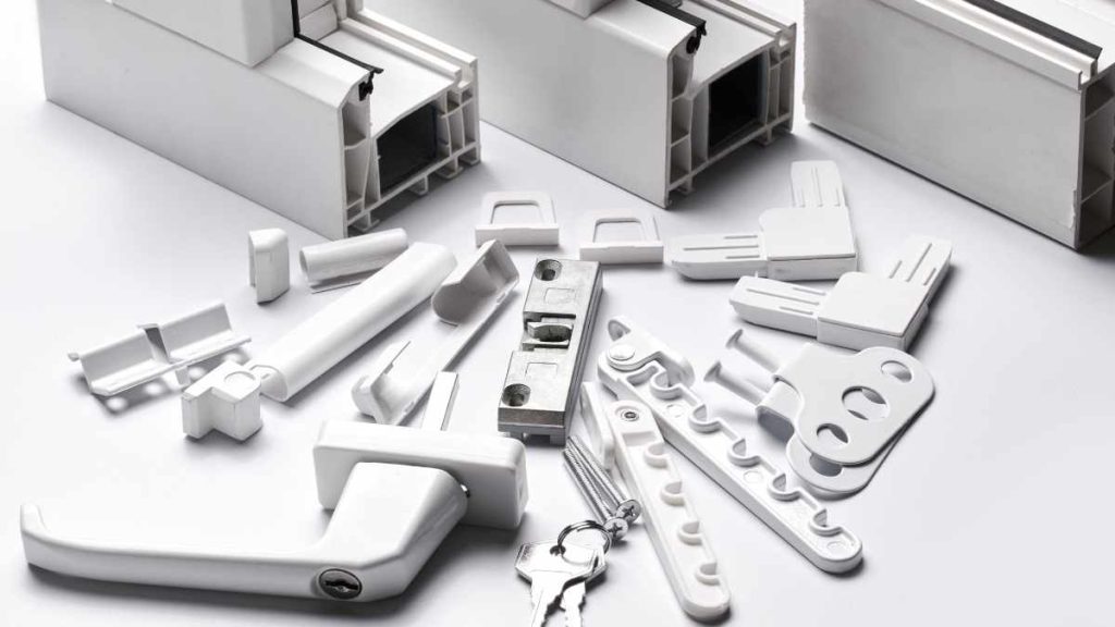 An image showcasing aluminum extrusion-related products and accessories, including custom-designed parts.