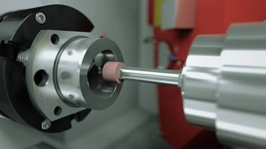 An image of CNC ID grinding. It showcases an internal grinding process where a precision grinding wheel is refining the inner surface of a metal part.