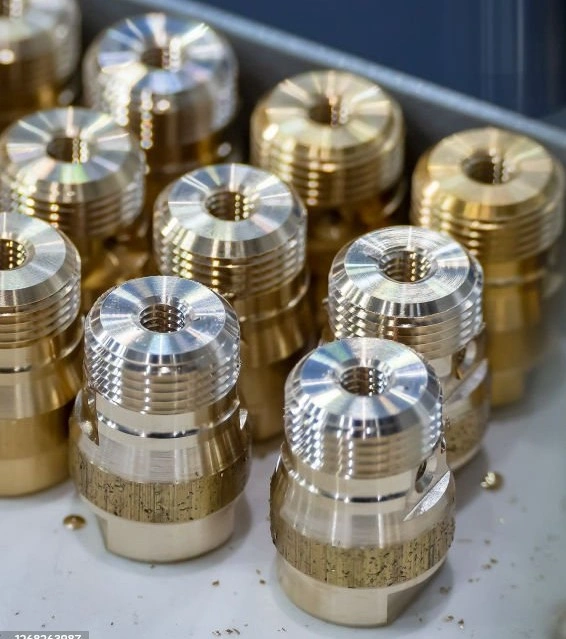 A group of cylindrical golden machined metal parts with internal and external threads