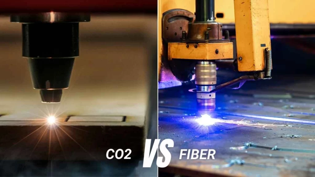 Side-by-side comparison of CO2 and fiber laser cutting machines, highlighting differences in operation.